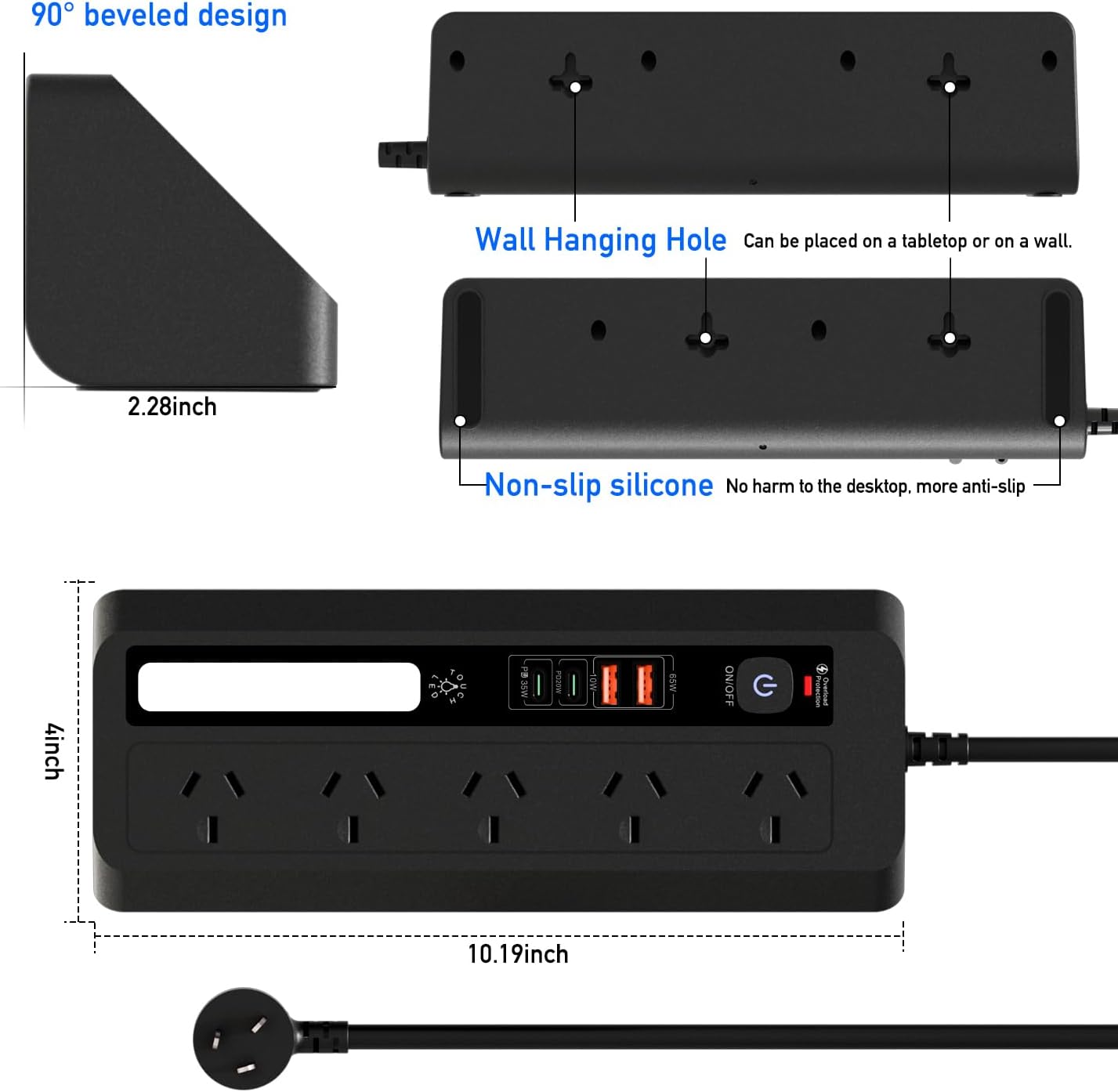Black Power Strip with 3 USB Ports, Fast Charging, Desk Surge Protector NEW