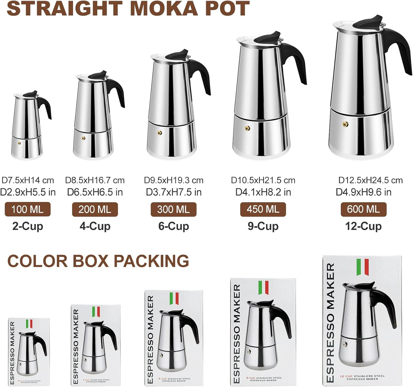 Stainless Steel Stovetop Espresso Moka Pot Coffee Maker, 200ml Brewer Size NEW