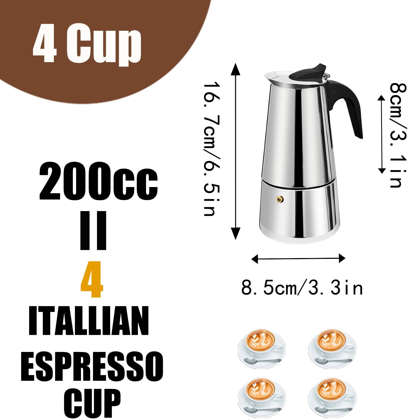 Stainless Steel Stovetop Espresso Moka Pot Coffee Maker, 200ml Brewer Size NEW