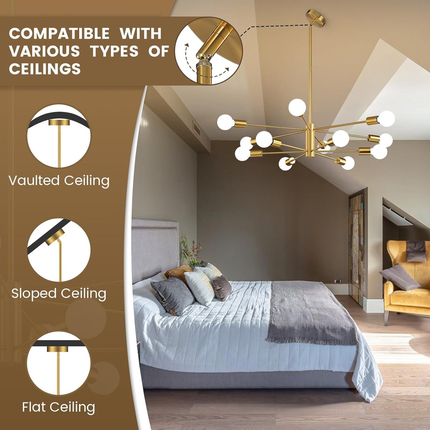 25-Inch Gold Chandeliers Mid-Century Modern Chandelier Ceiling Light NEW