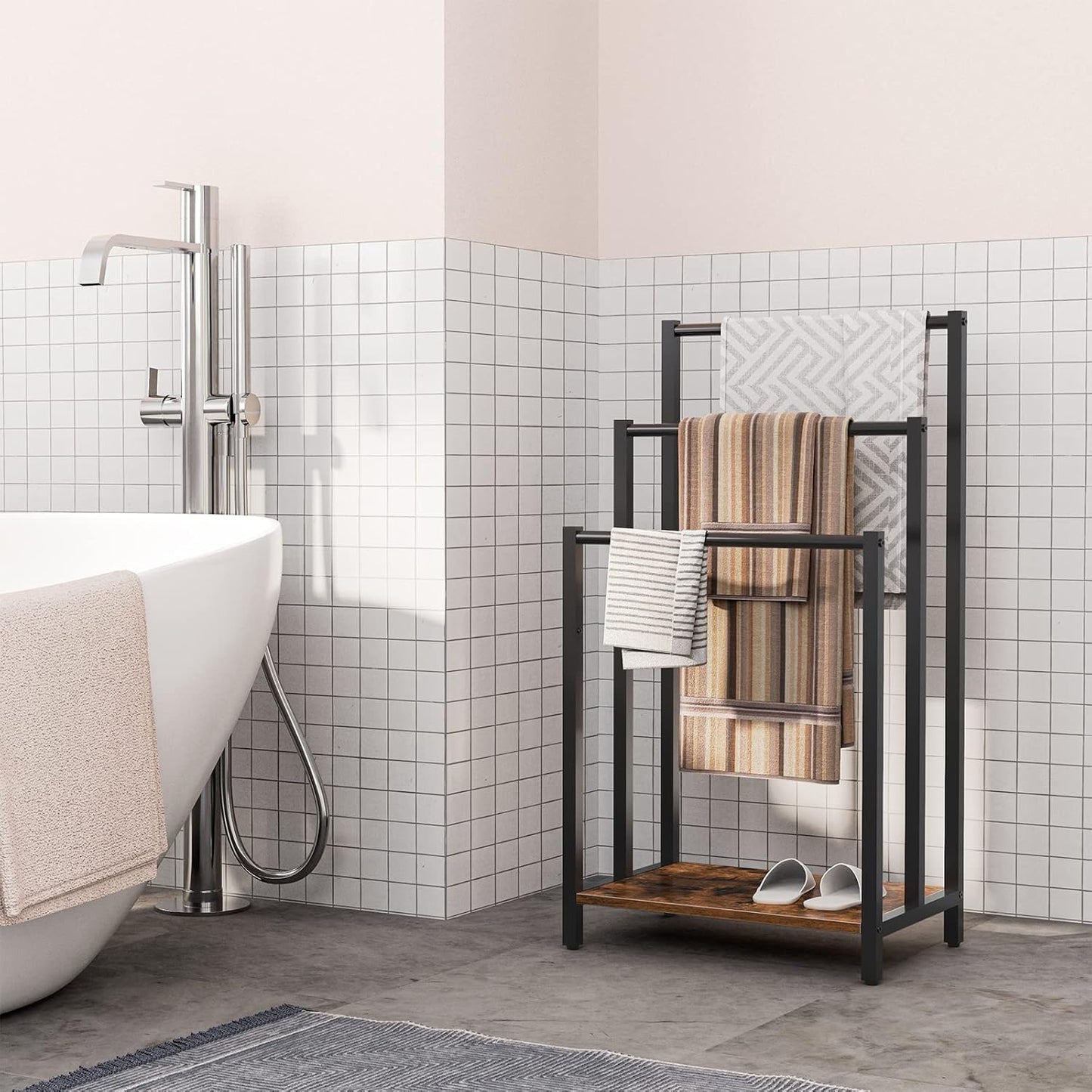HOOBRO 3-Tier Metal Blanket Rack Towel Ladder Holder Rustic Brown & Black NEW