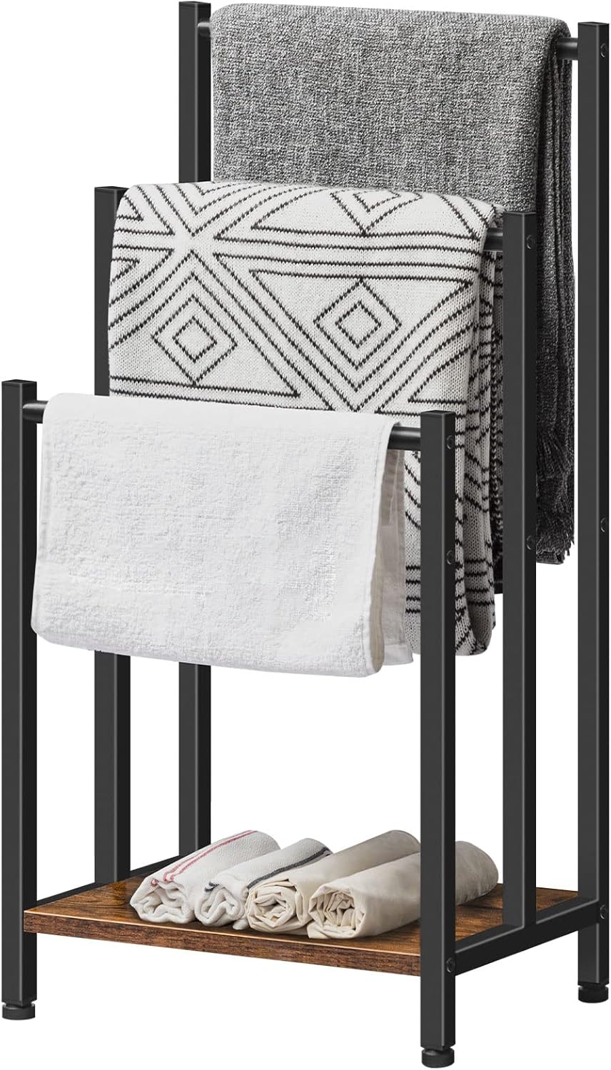HOOBRO 3-Tier Metal Blanket Rack Towel Ladder Holder Rustic Brown & Black NEW