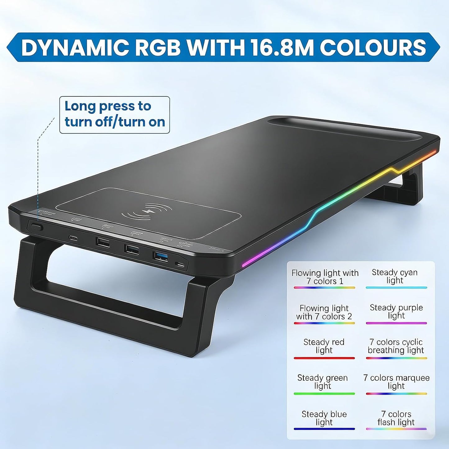 Adjustable Monitor Stand Riser with Wireless Charging, RGB Lights & 3 USB NEW