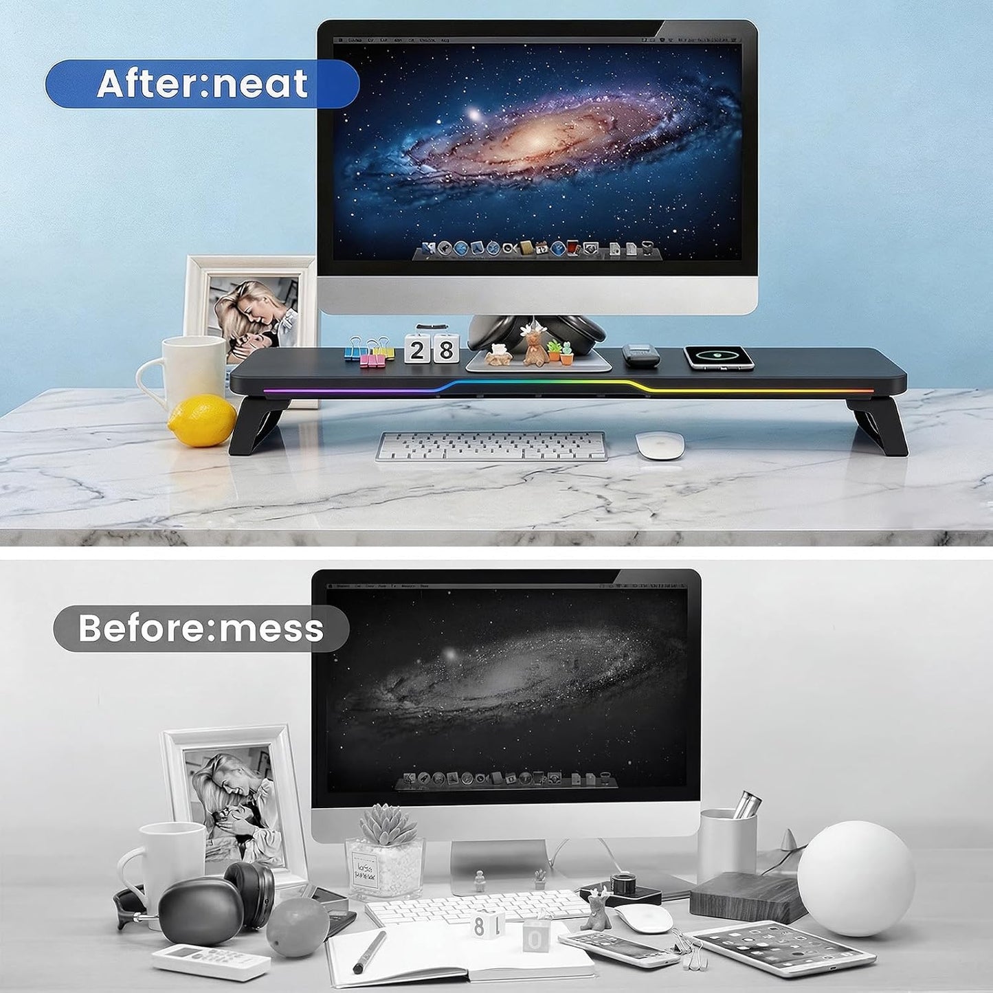 Adjustable Monitor Stand Riser with Wireless Charging, RGB Lights & 3 USB NEW