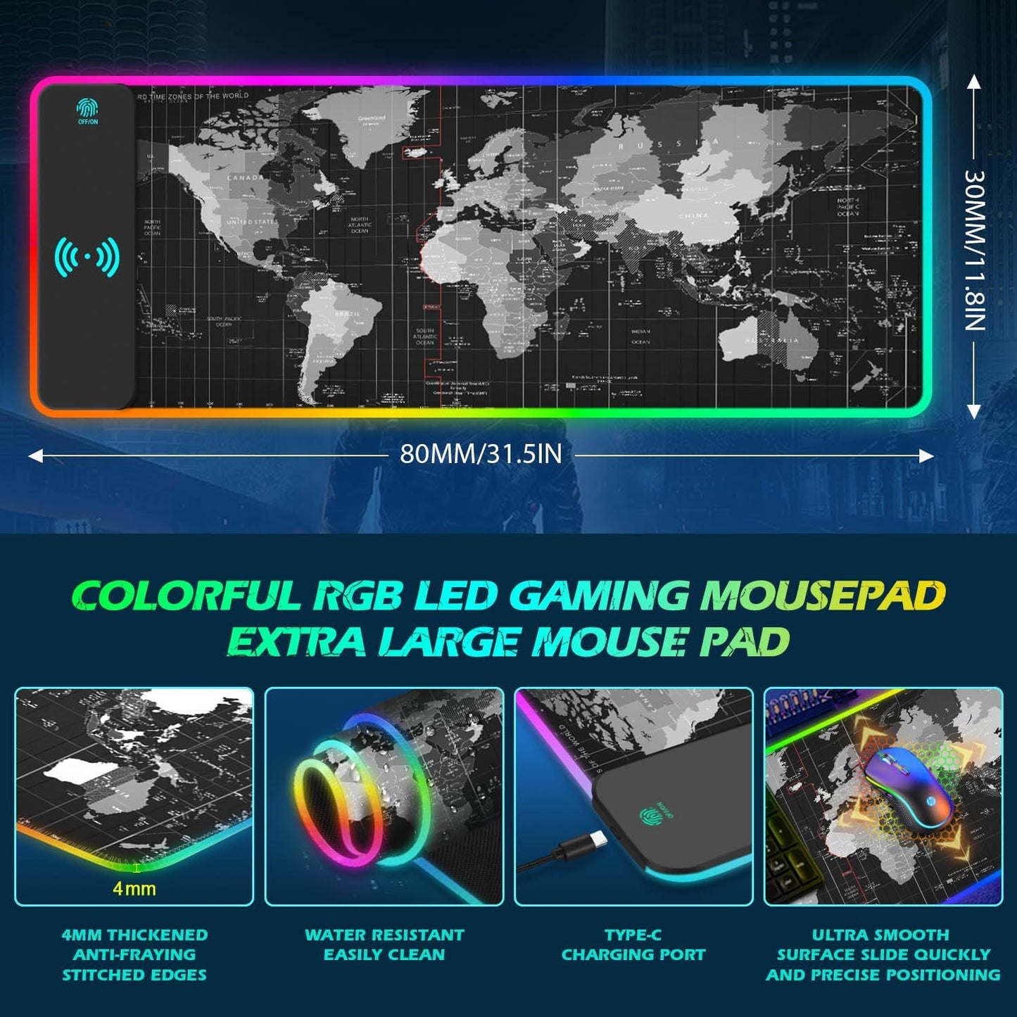 Large RGB Wireless Charging Mouse Pad for PC & Laptop, 80x30cm Black Size DEMO
