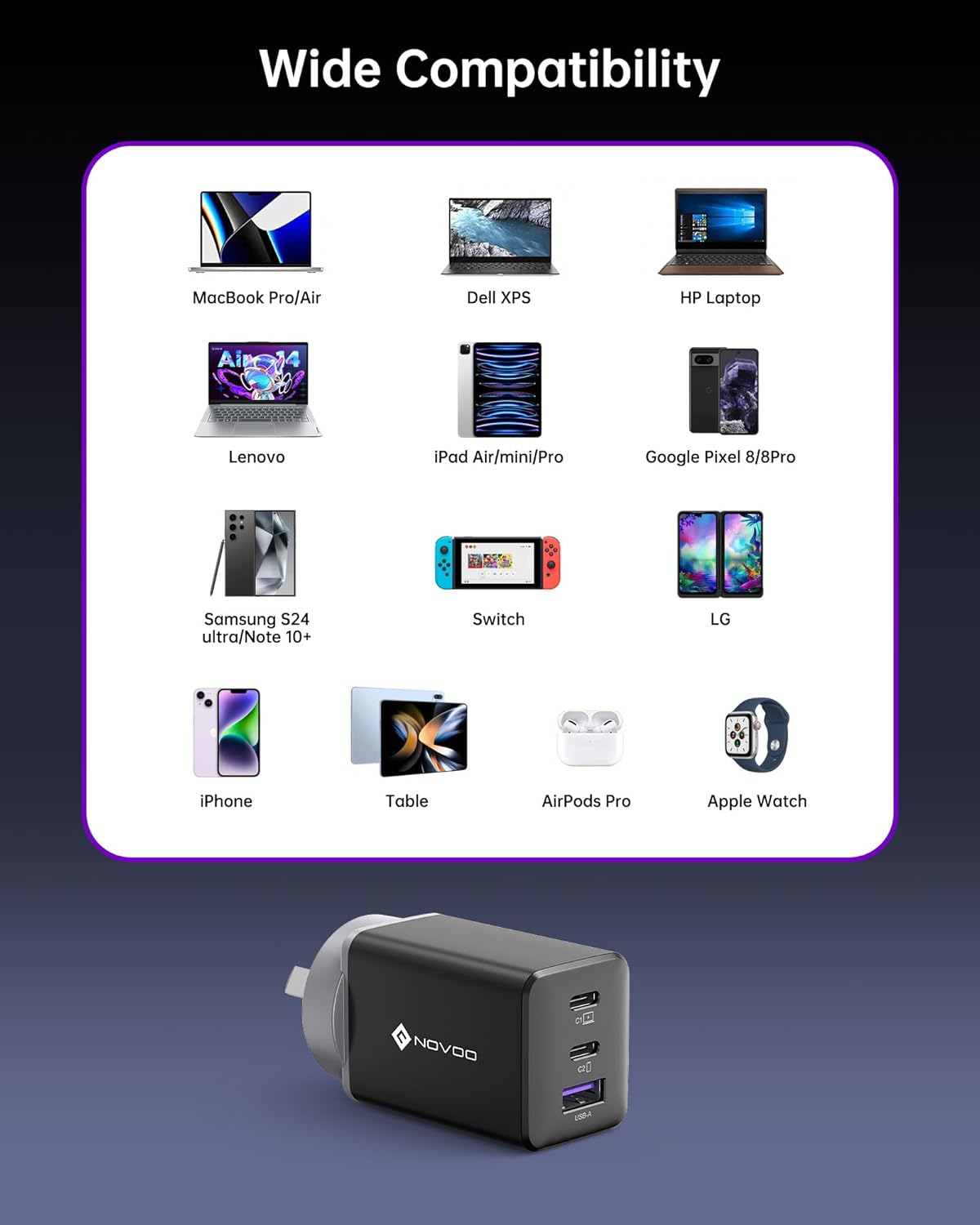 NOVOO 67W USB-C Charger with 3 Ports, GaN III Tech, Compact Mains in Black NEW