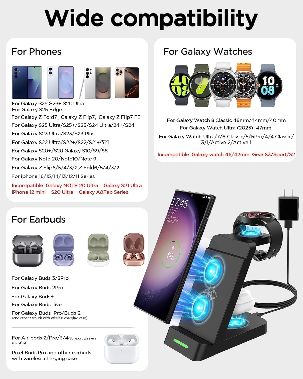 3-in-1 Wireless Charging Station Stand for Phones, Tablets, Watches Black DEMO