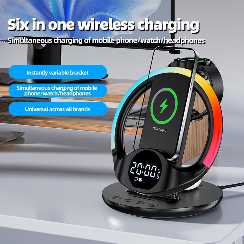 6-in-1 Wireless Charging Station with Alarm Clock and Night Light, 15W DEMO