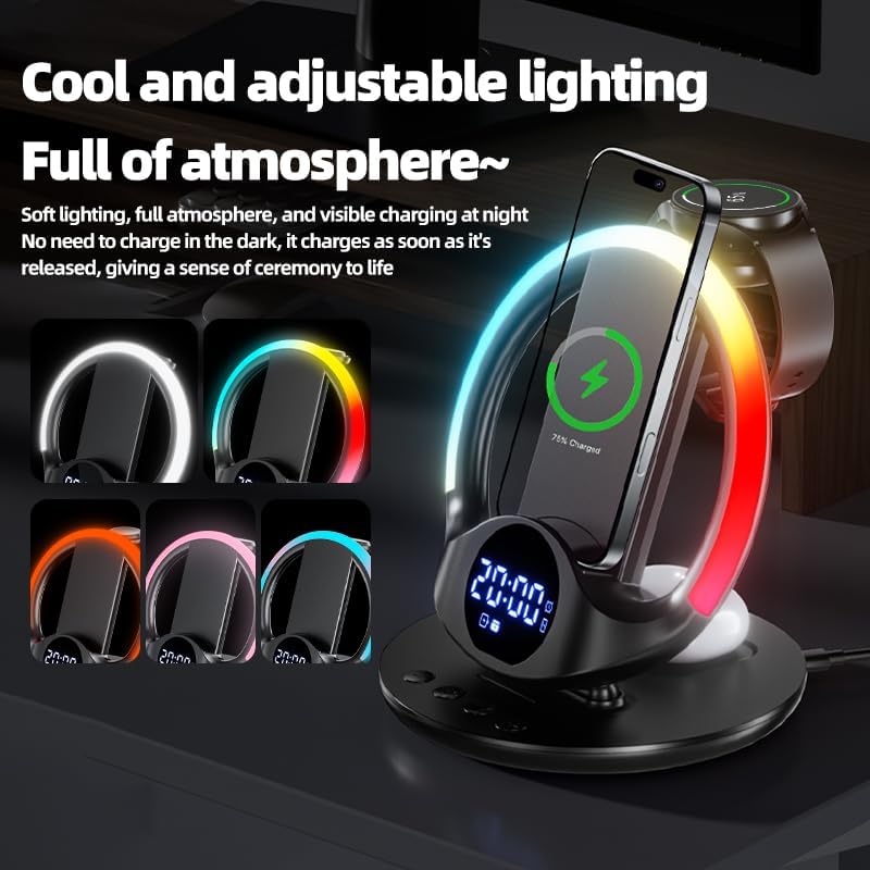 6-in-1 Wireless Charging Station with Alarm Clock and Night Light, 15W DEMO