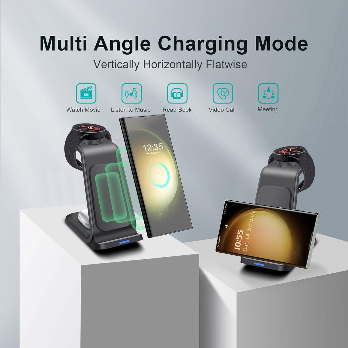 15W Fast Wireless Charging Station Stand for Samsung Galaxy Phones - Black DEMO