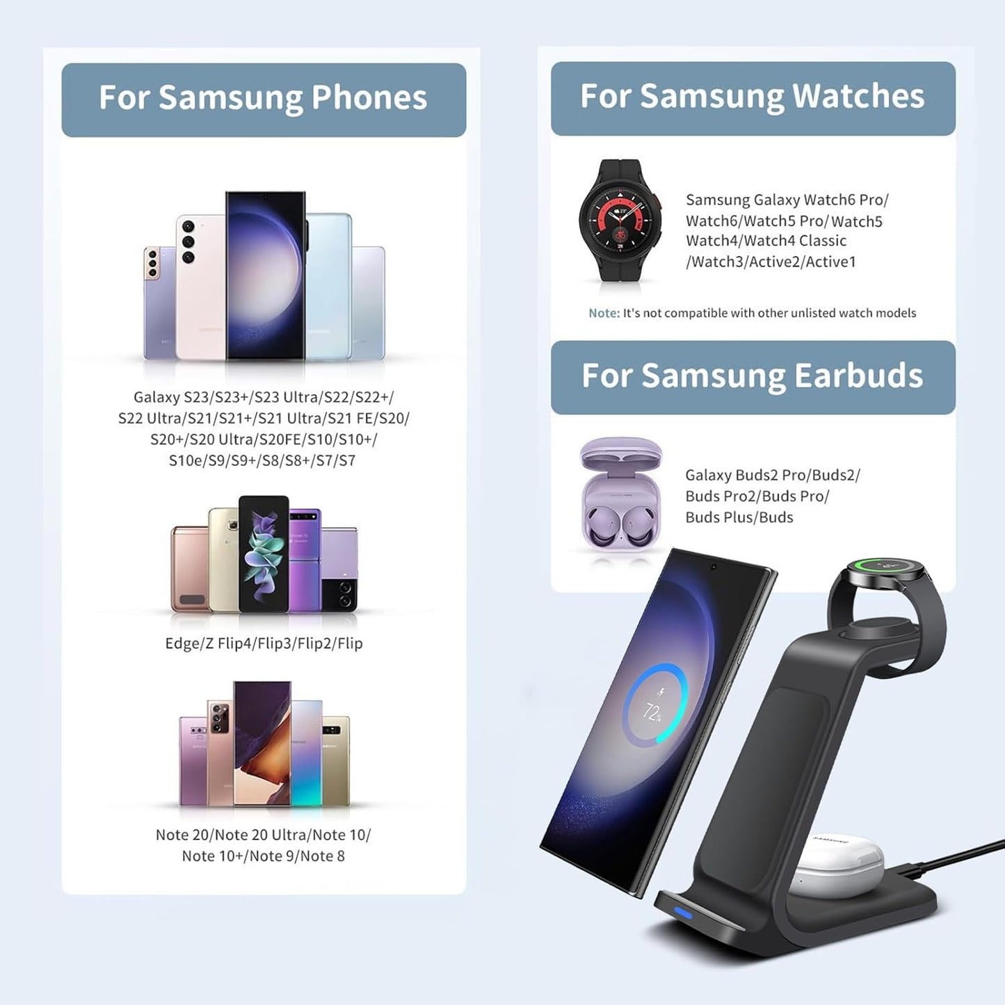 15W Fast Wireless Charging Station Stand for Samsung Galaxy Phones - Black DEMO