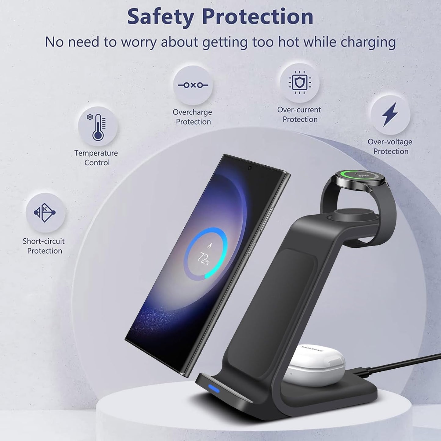 15W Fast Wireless Charging Station Stand for Samsung Galaxy Phones - Black DEMO