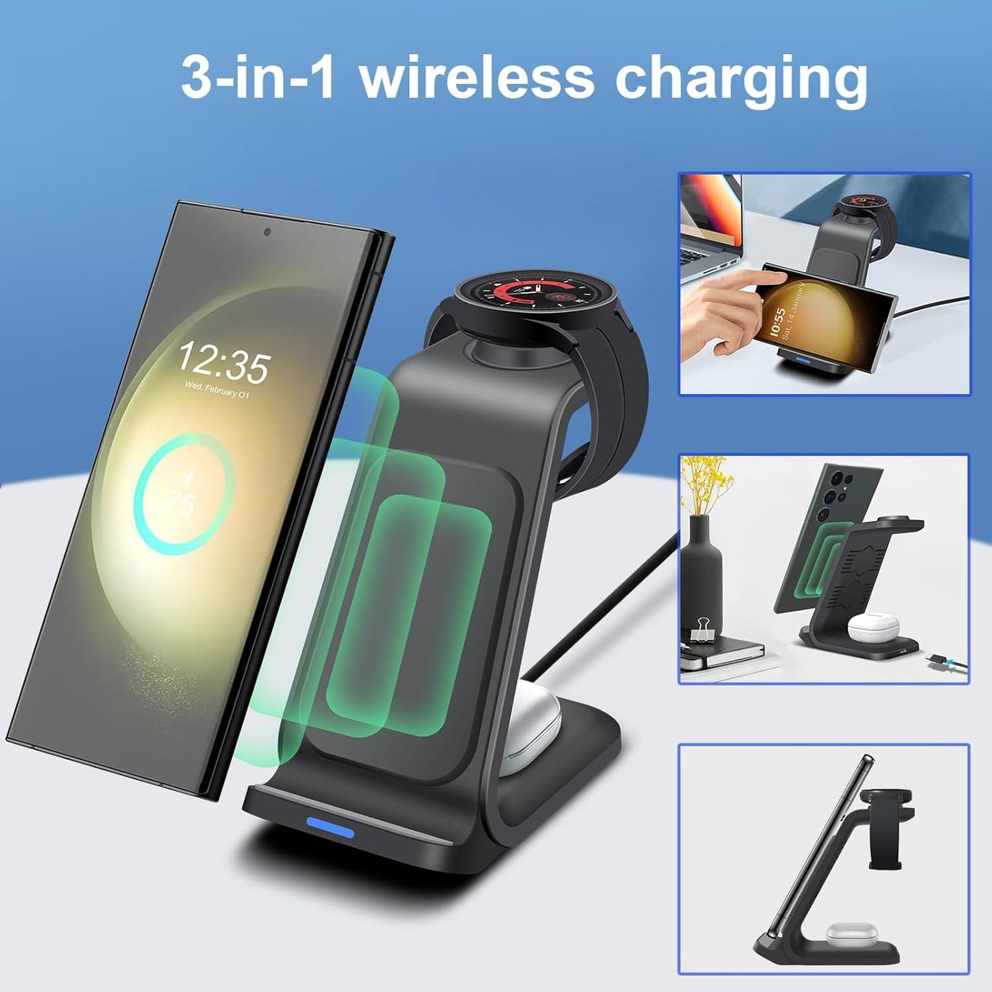 15W Fast Wireless Charging Station Stand for Samsung Galaxy Phones - Black DEMO