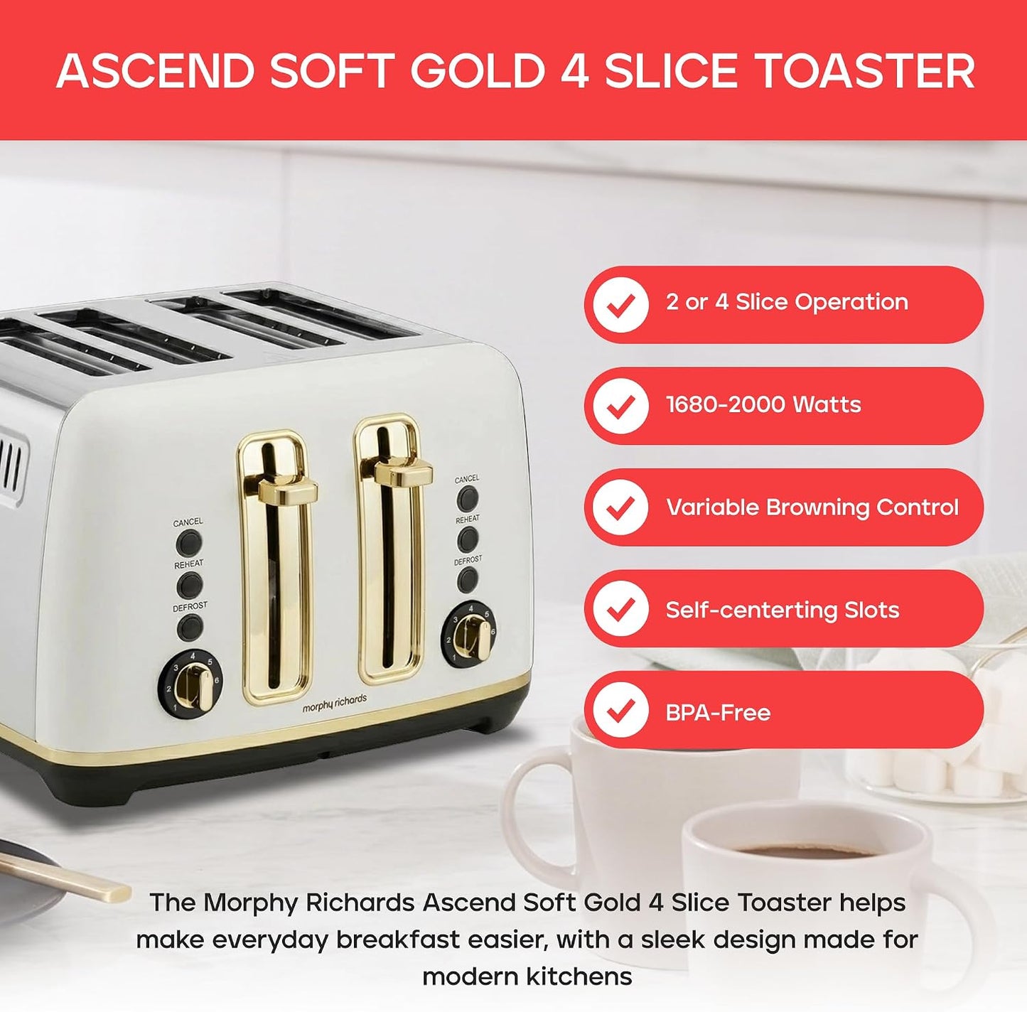 Morphy Richards Toasters Ascend 4-Slice White Toaster with Variable NEW