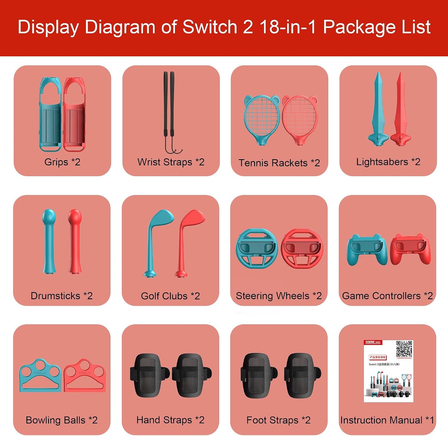 18-in-1 Accessories Kit for Nintendo Switch Sports Gaming Console Red & Blue NEW