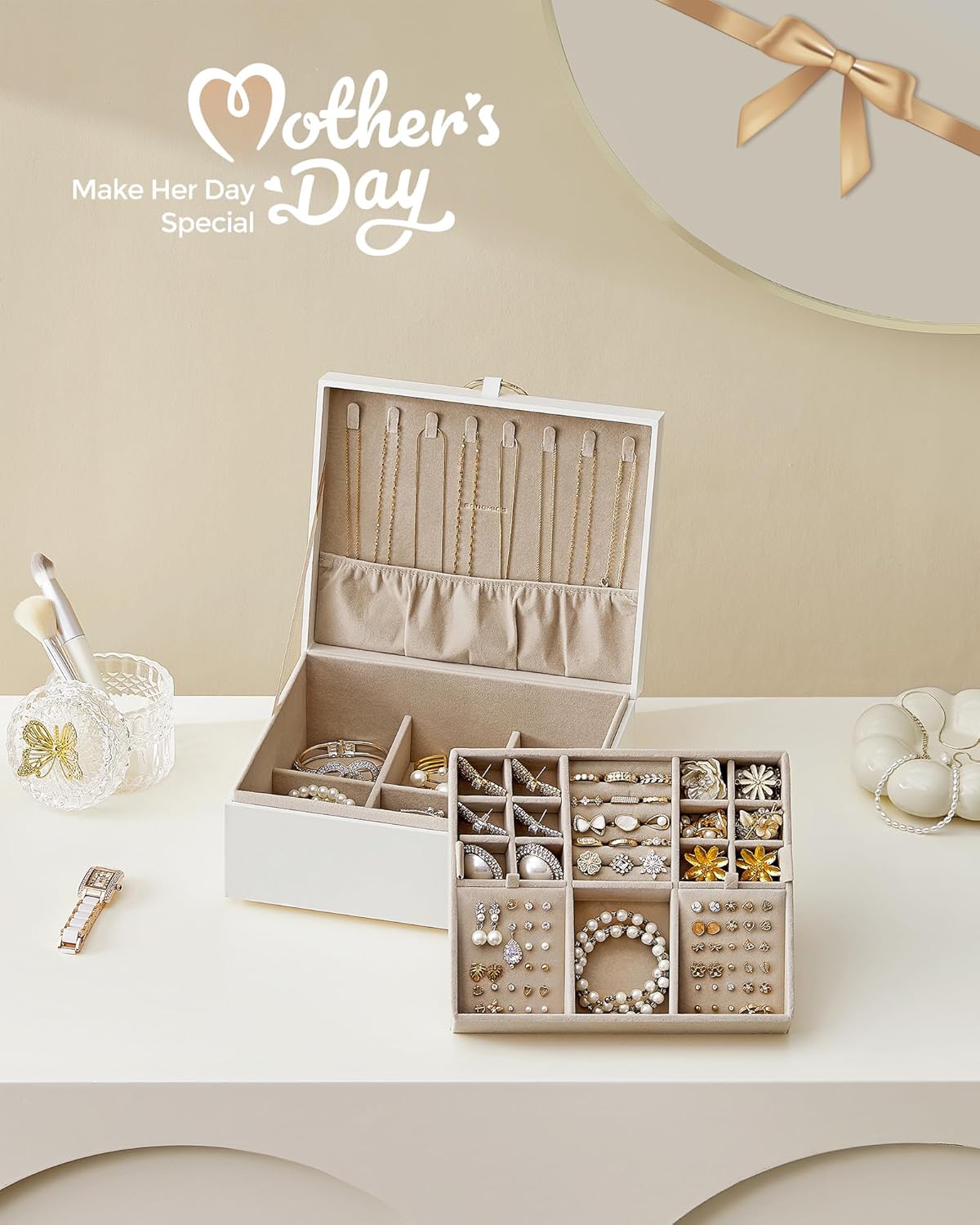 SONGMICS 2-Layer Boxes Jewelry Box with Removable Tray Storage, White NEW