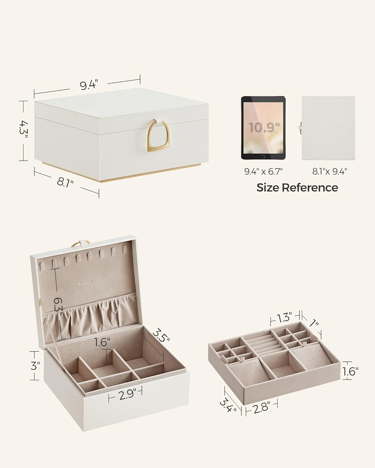 SONGMICS 2-Layer Boxes Jewelry Box with Removable Tray Storage, White NEW