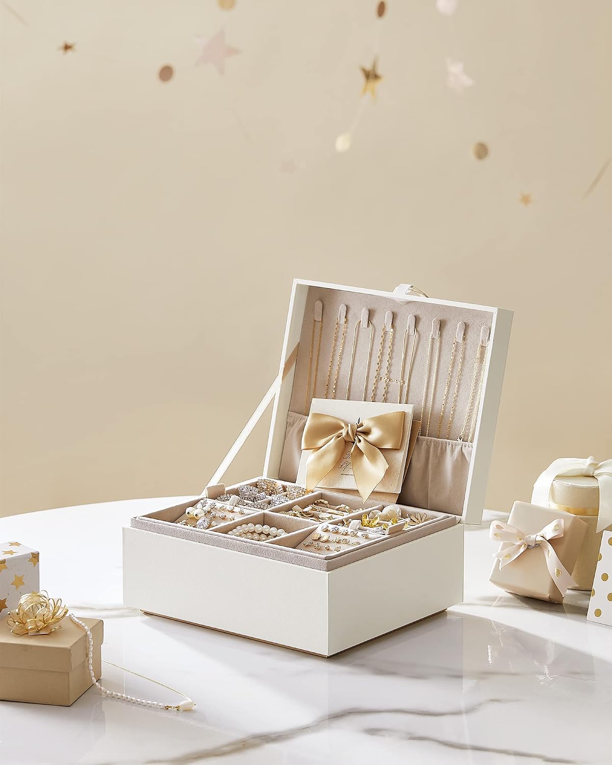 SONGMICS 2-Layer Boxes Jewelry Box with Removable Tray Storage, White NEW