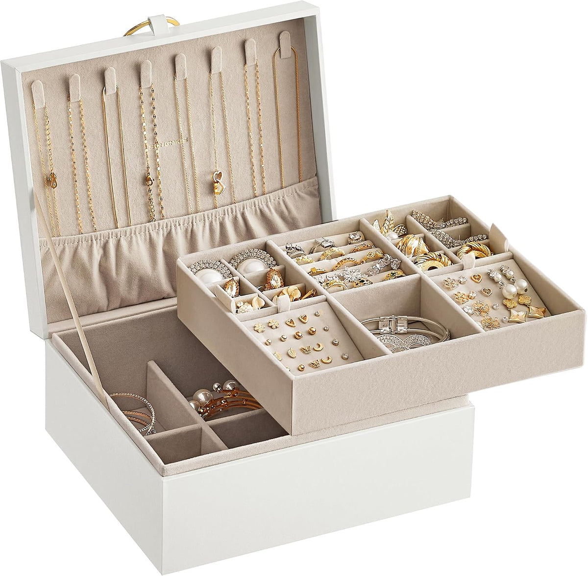 SONGMICS 2-Layer Boxes Jewelry Box with Removable Tray Storage, White NEW
