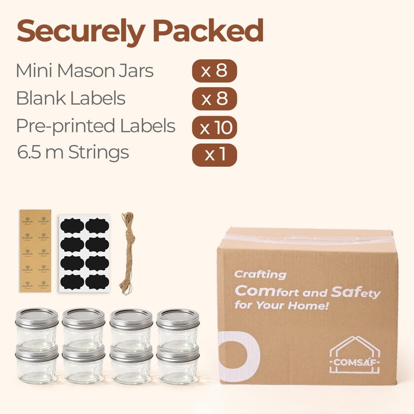 ComSaf 4oz Glass Mason Jars 8 Pack Regular Mouth Canning with Lids Clear & NEW