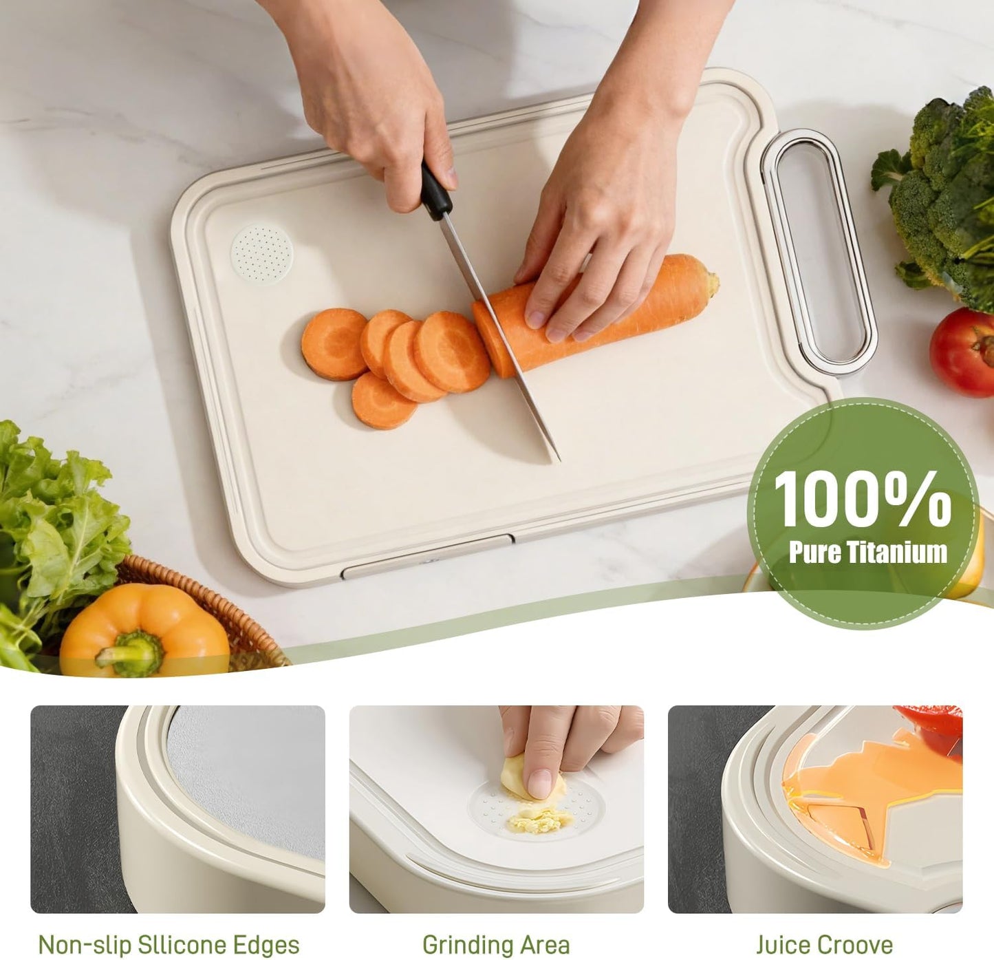 KIKIIKE Titanium Chopping Board Double Sided Silver Cutting 15.9"L x 10.4"W NEW