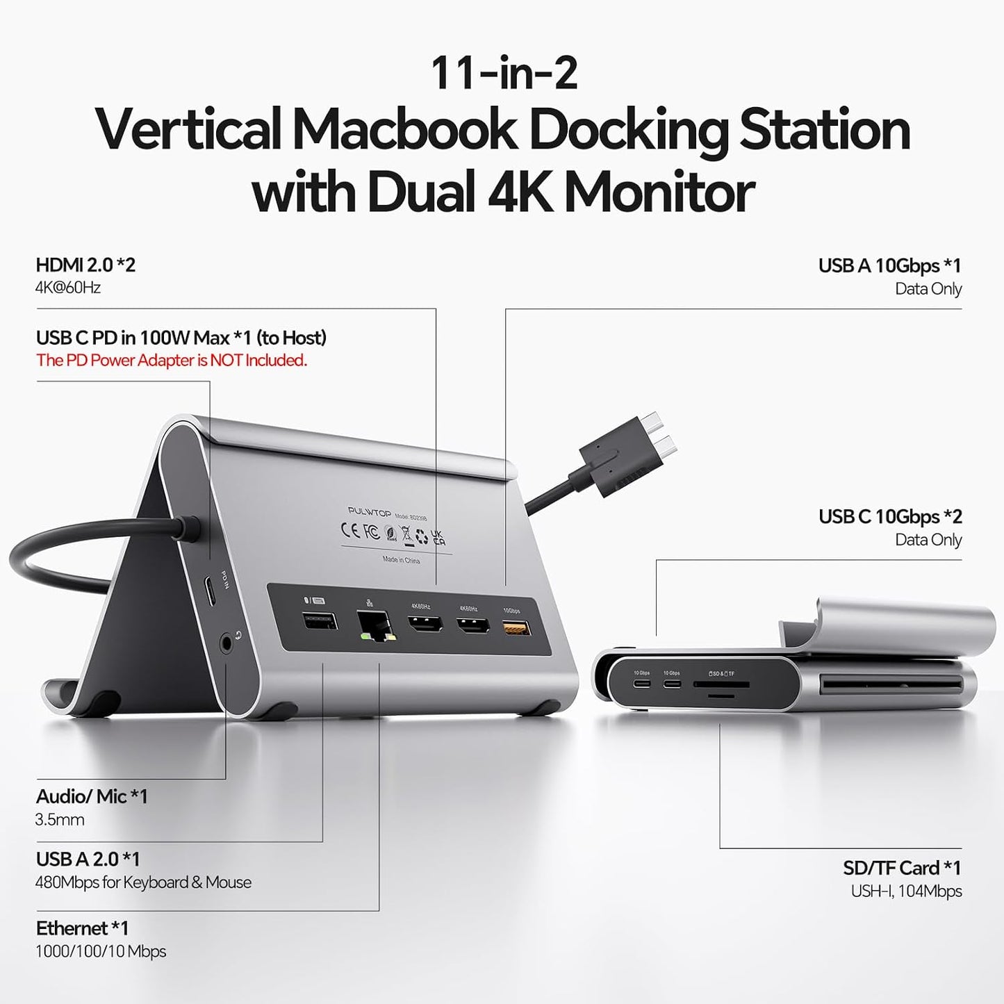 PULWTOP Dual Monitor 4K Docking Station for MacBook Pro/Air, Grey DEMO