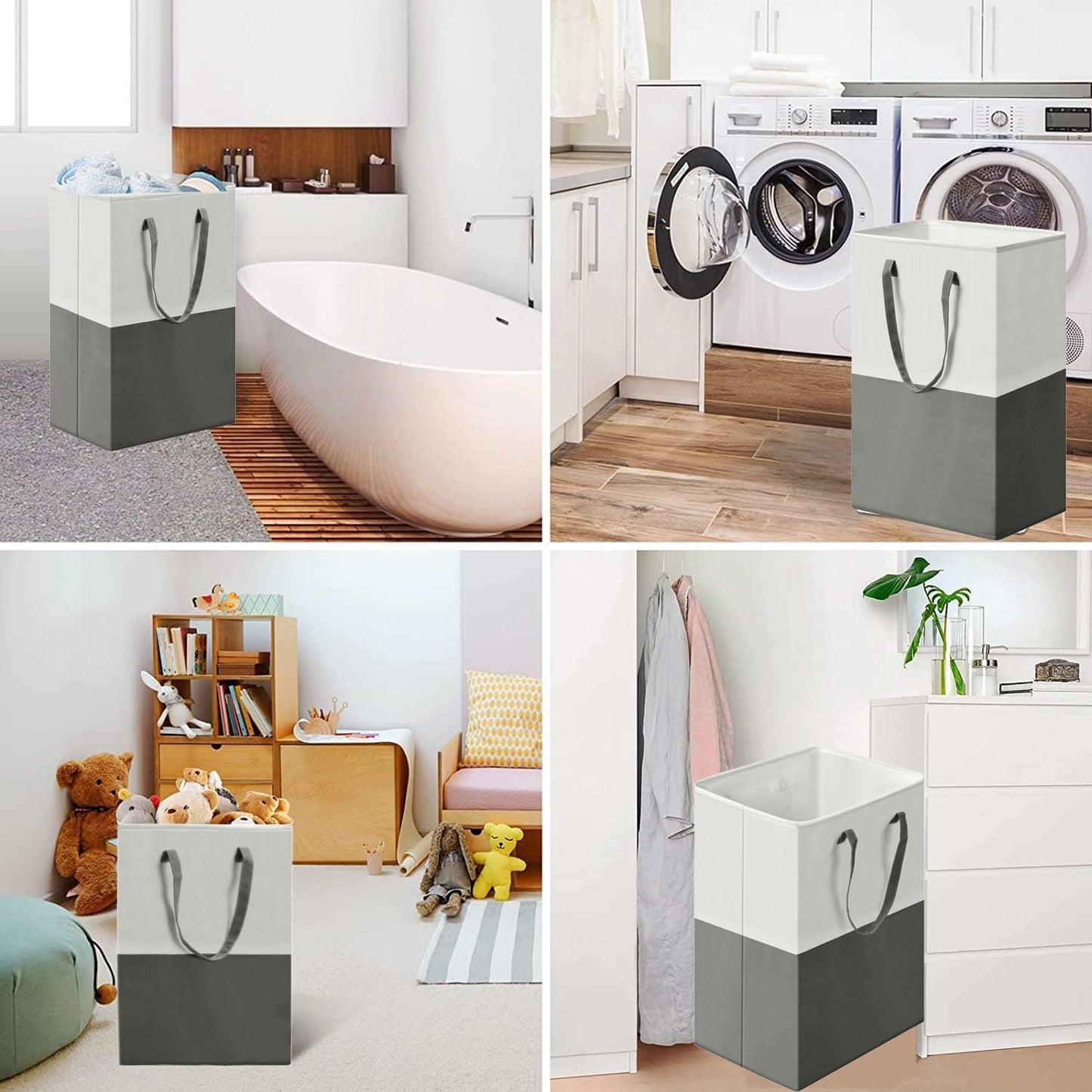 Collapsible Laundry Hamper with Long Handles Grey & White Storage Bag NEW