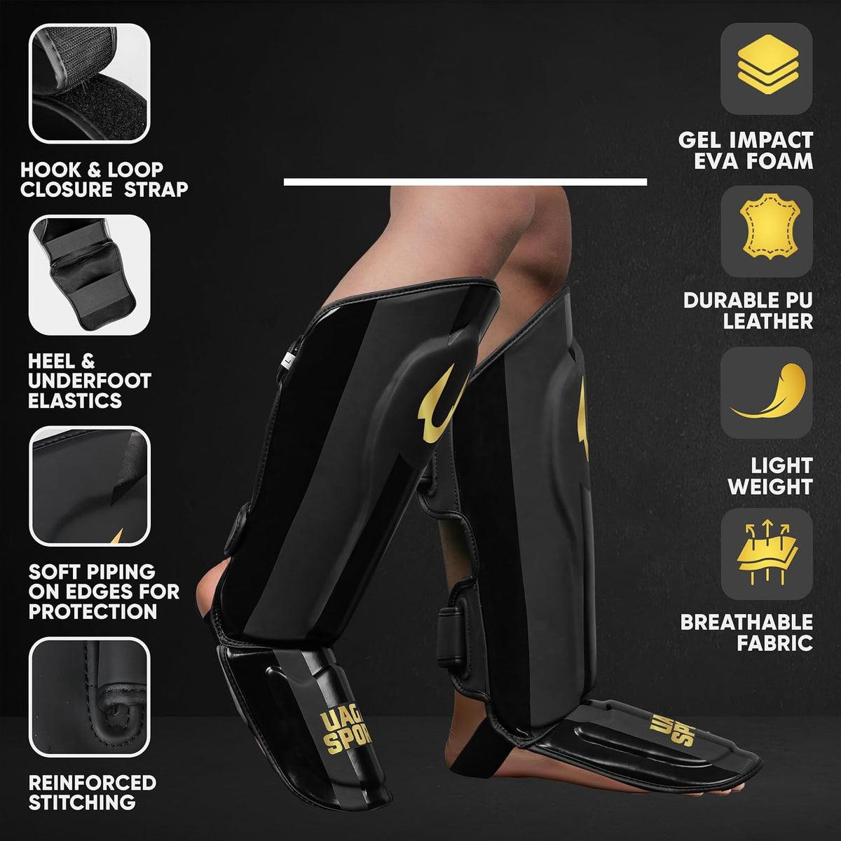 UAGAS SPORTS Protective Gear Shin Guards for Men & Women, Black, L-XL Size DEMO