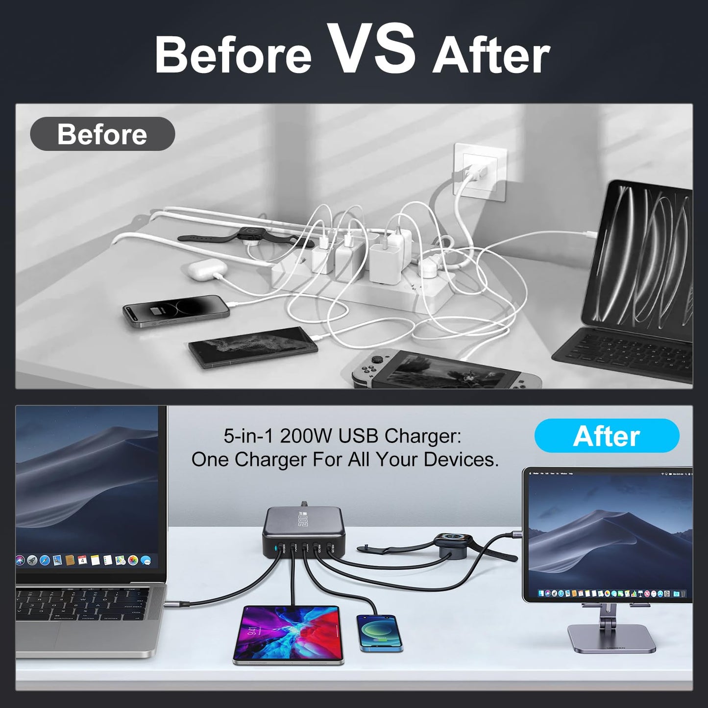 200W USB-C Portable Fast Charging Station with 5 Ports in Black DEMO