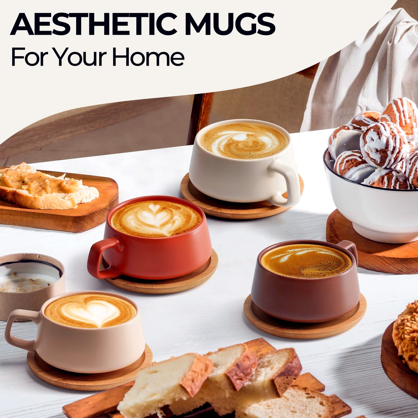 MIAMIO 320ml Ceramic Coffee Mugs Set of 4 Browns Cups Saucers for Home Size NEW