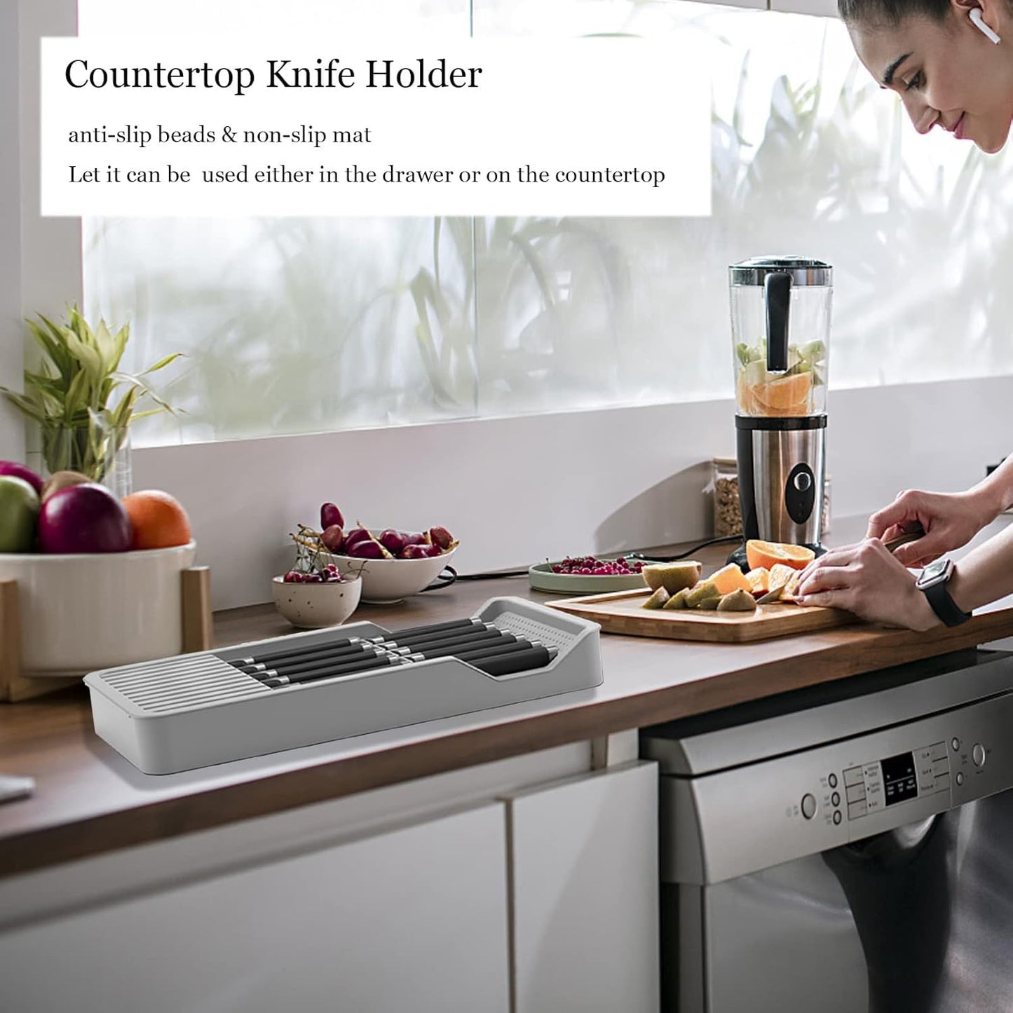 Expandable In-Drawer Knife Block Holder Organizer Grey Kitchen Storage DEMO