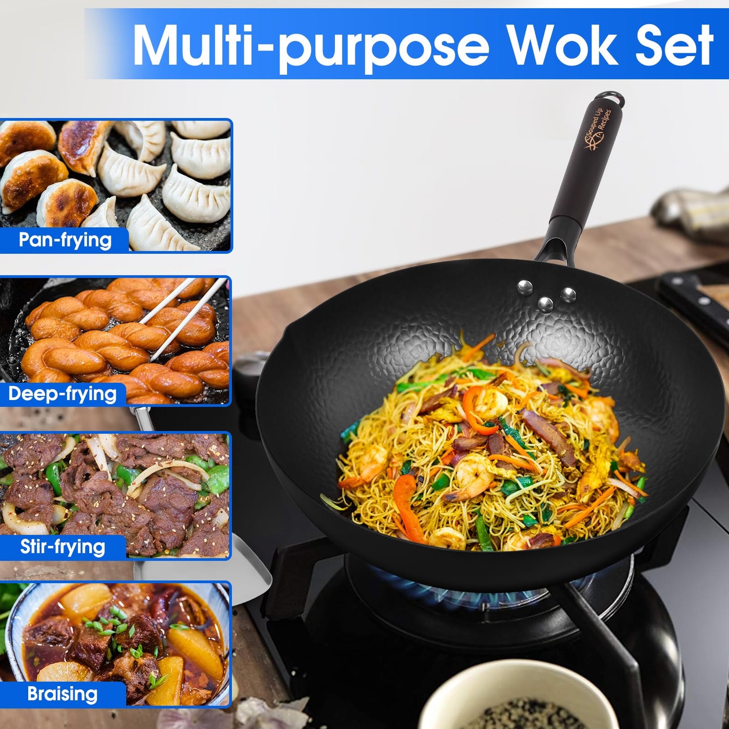 Souped Up Woks Recipes 12.5" Carbon Steel Wok with Stainless Glass Lid DEMO