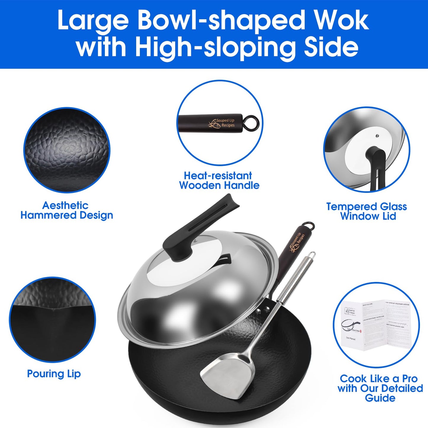 Souped Up Woks Recipes 12.5" Carbon Steel Wok with Stainless Glass Lid DEMO