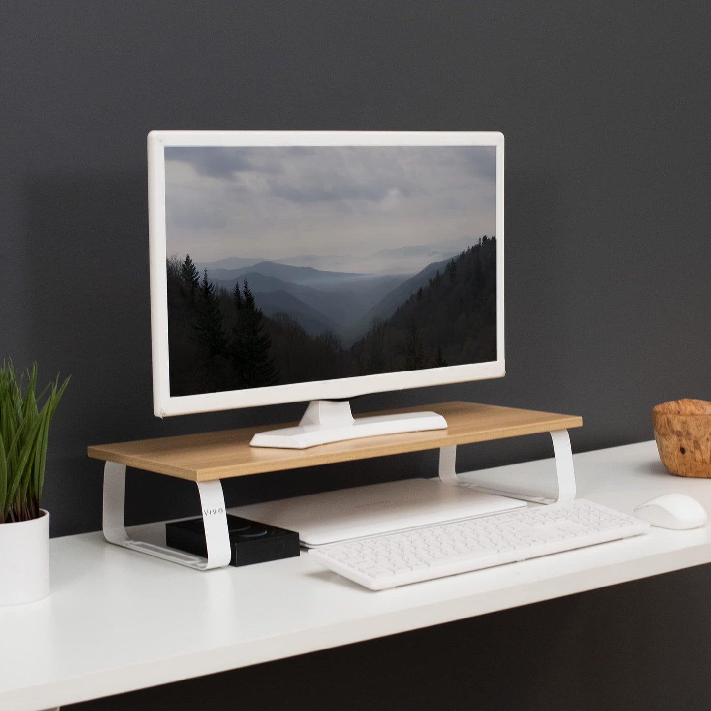 VIVO Light Wood Monitor Stand Desktop Riser for Laptop Screen Keyboard DEMO