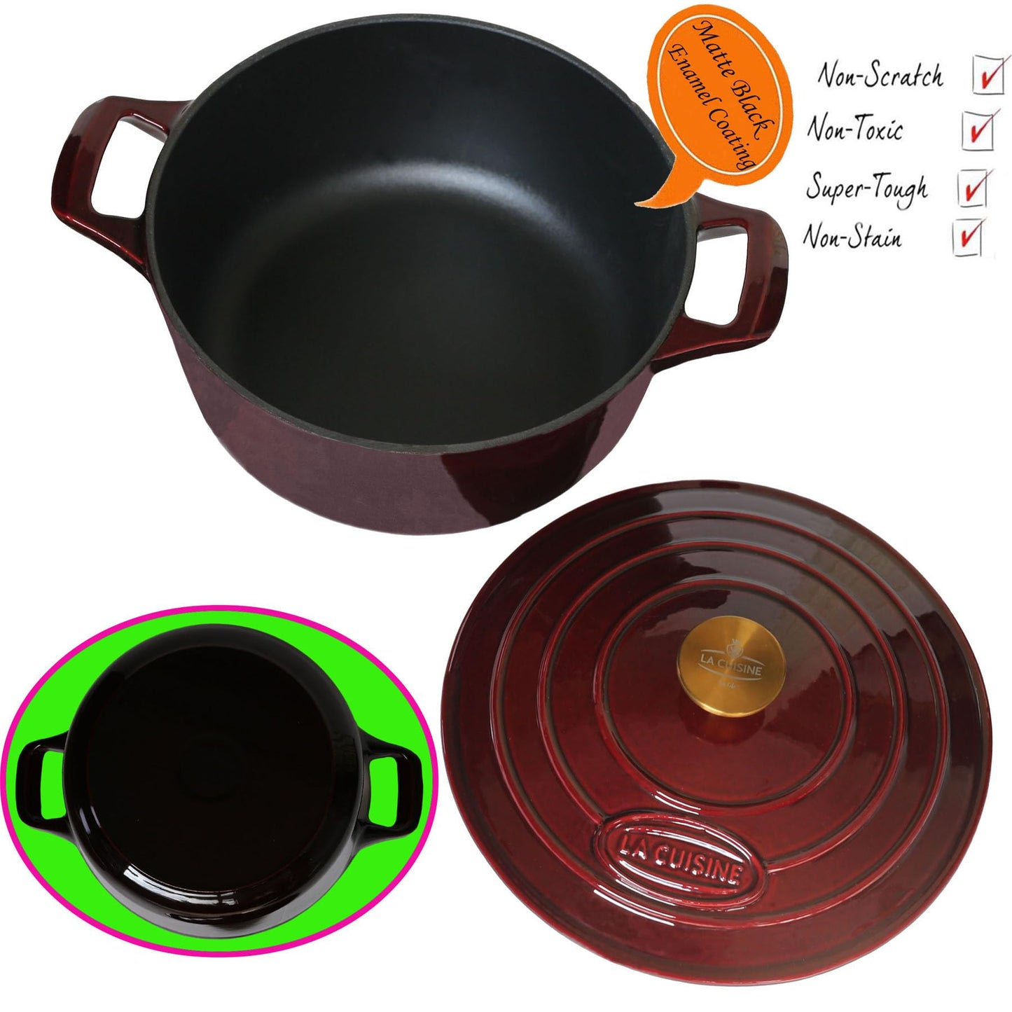 La Cuisine Enameled Cast Iron Dutch Oven Casserole Dish Pot Cranberry Red NEW