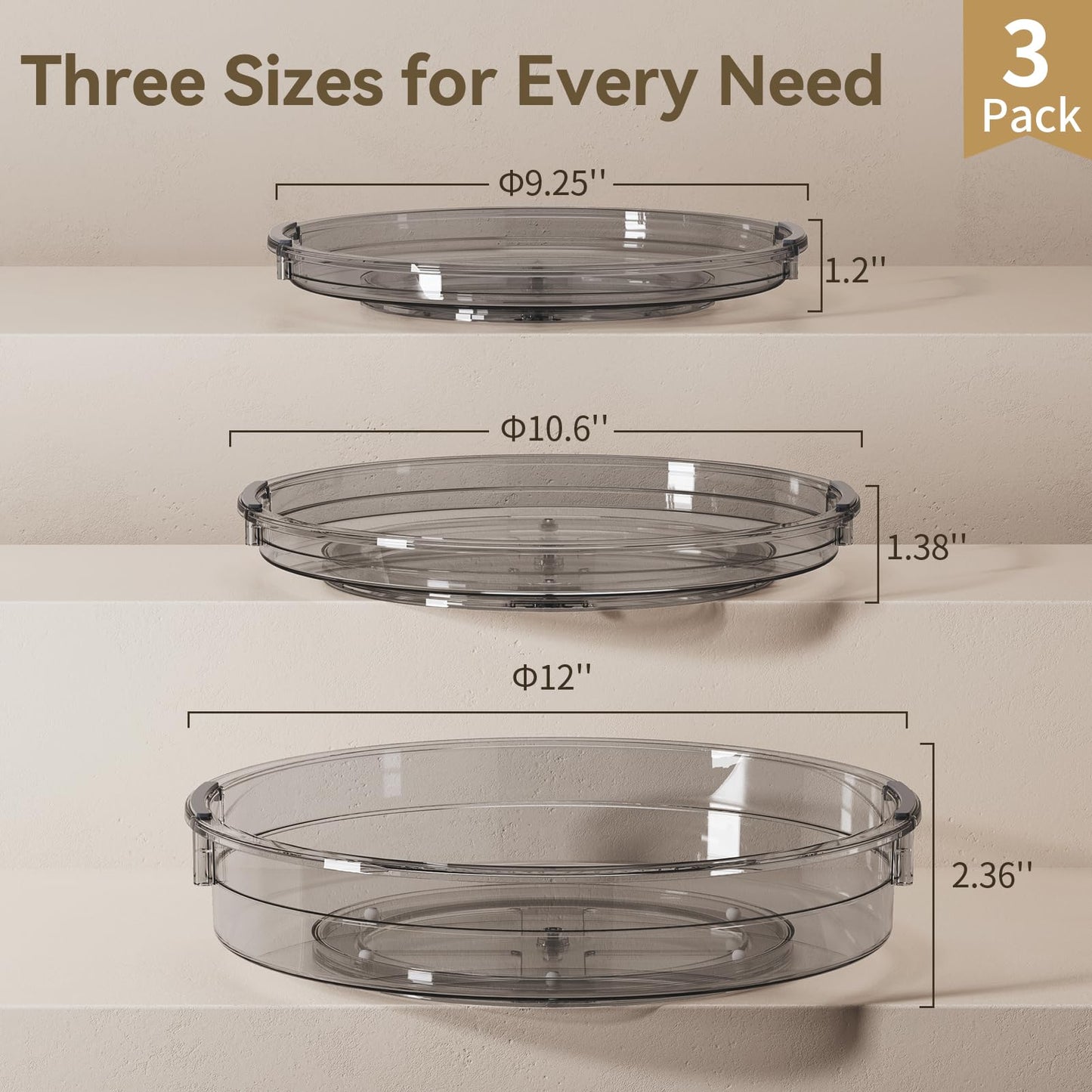3-Pack Lazy Susan Turntable Organizer Kitchen Storage Accessories Grey NEW