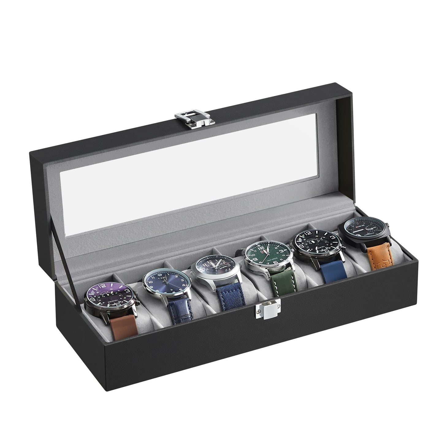 SONGMICS 6-Slot Glass Topped Watch Display Storage Box, Black & Gray, DEMO