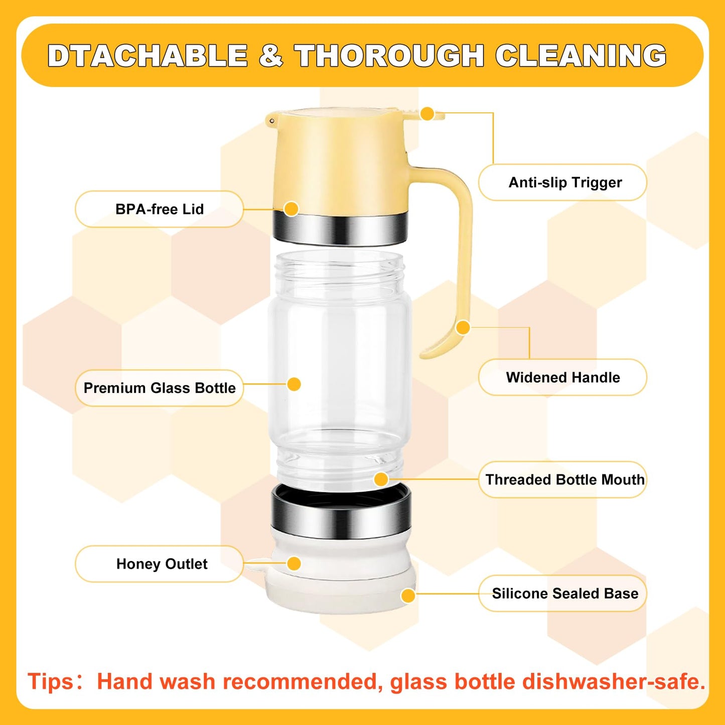 HOMKULA Glass Honey Dispenser No Drip Maple Syrup Jar for Coffee Tea 70-76oz NEW