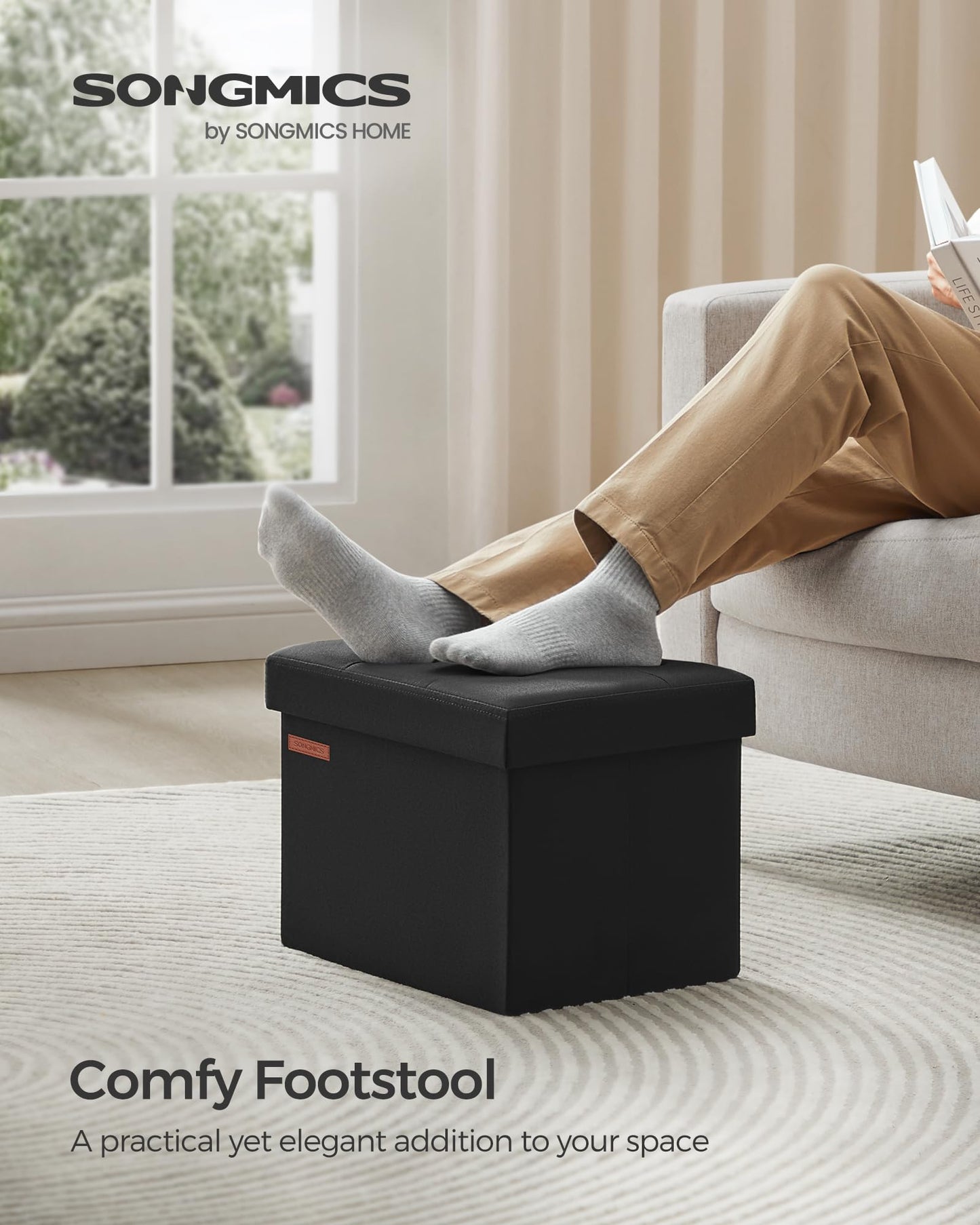 SONGMICS Folding Storage Ottoman Foot Rest Stool, 12.2"x16.1" Black NEW