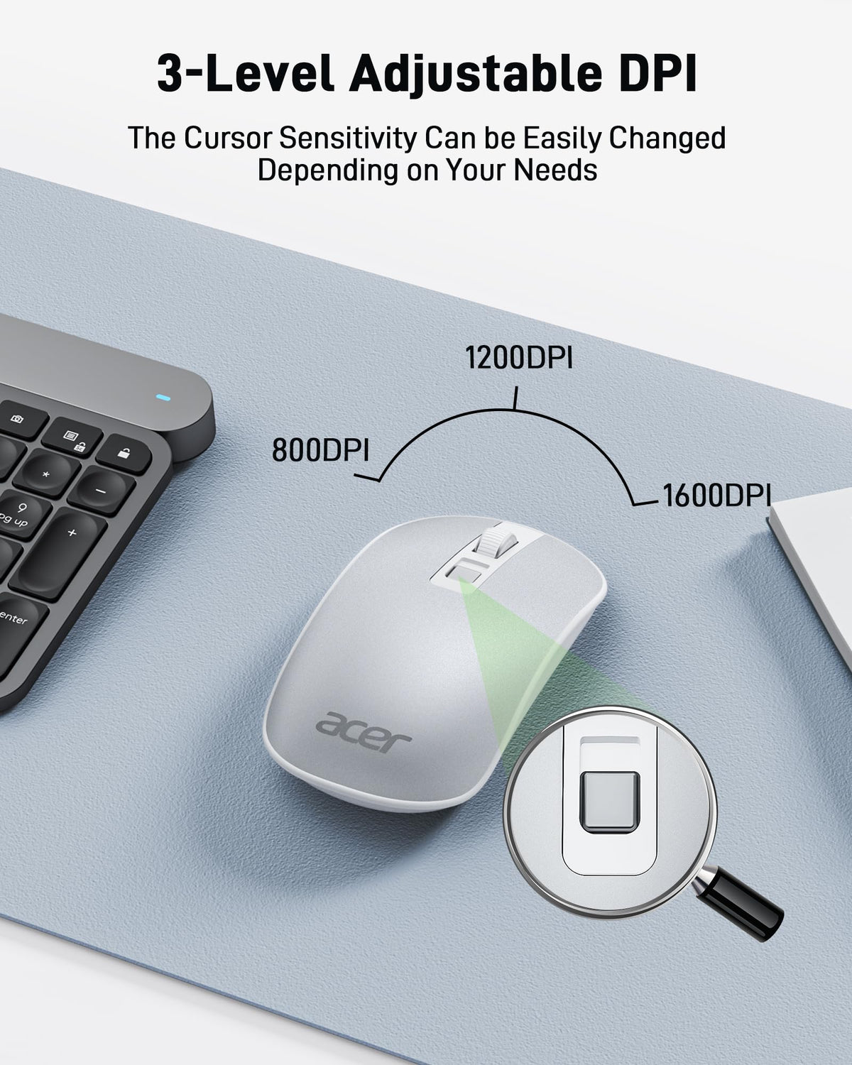 Acer Wireless Cordless Silent Mouse 1600 DPI USB Black Mice for PC Laptop DEMO