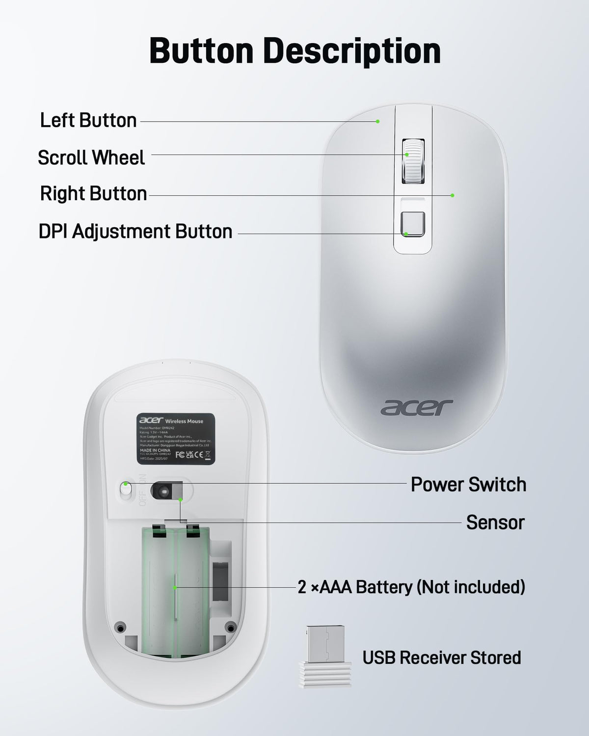 Acer Wireless Cordless Silent Mouse 1600 DPI USB Black Mice for PC Laptop DEMO