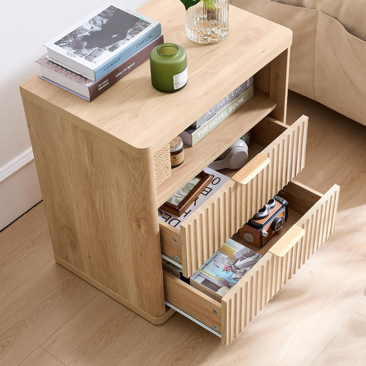 LELELINKY Natural Oak Bedside Table with 2 Drawers and Open Shelf Size NEW