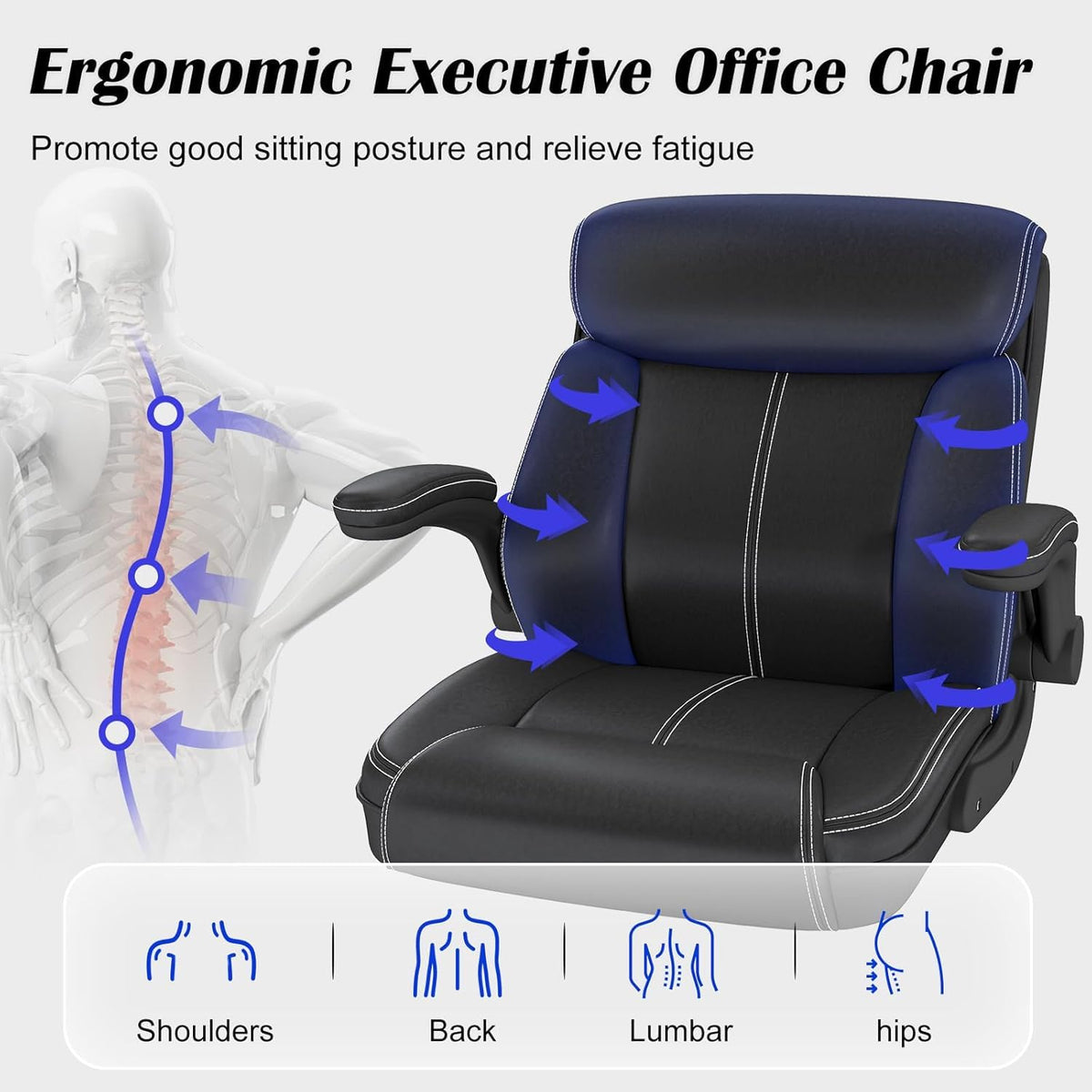 AnyGod Ergonomic Desk Chair Faux Leather Wide Seat Black Size 22 x 19 44 DEMO