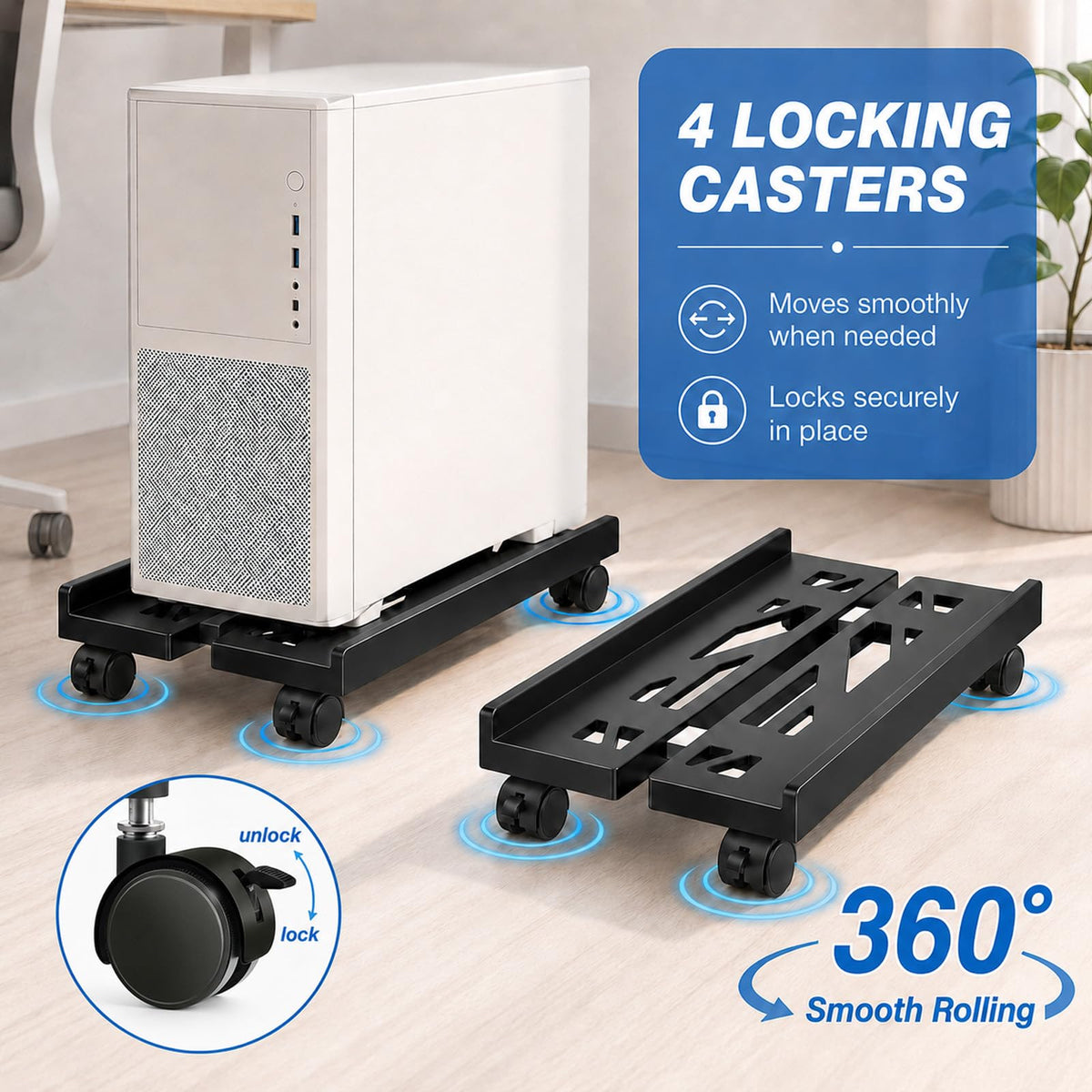 Black Adjustable Computer Tower Stand with Rolling Casters Cart DEMO