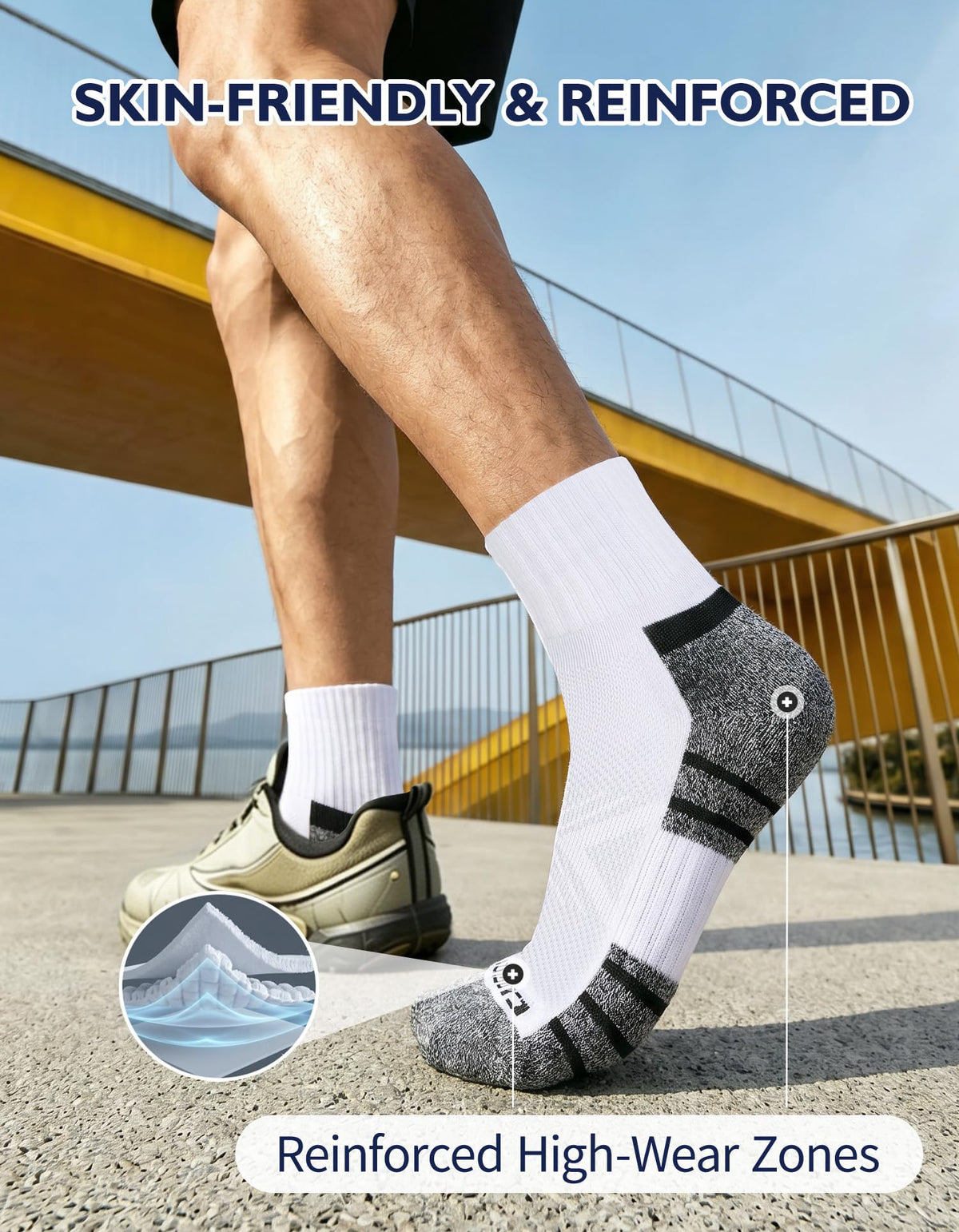CLOSEMATE Mens Athletic Quarter Ankle Socks White Grey Medium NEW