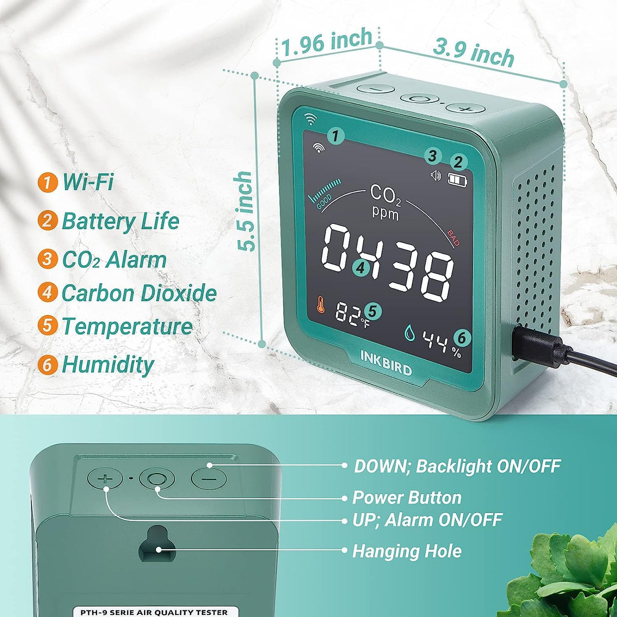 Inkbird WiFi Indoor Air Quality Monitor CO2 Detector - Green DEMO