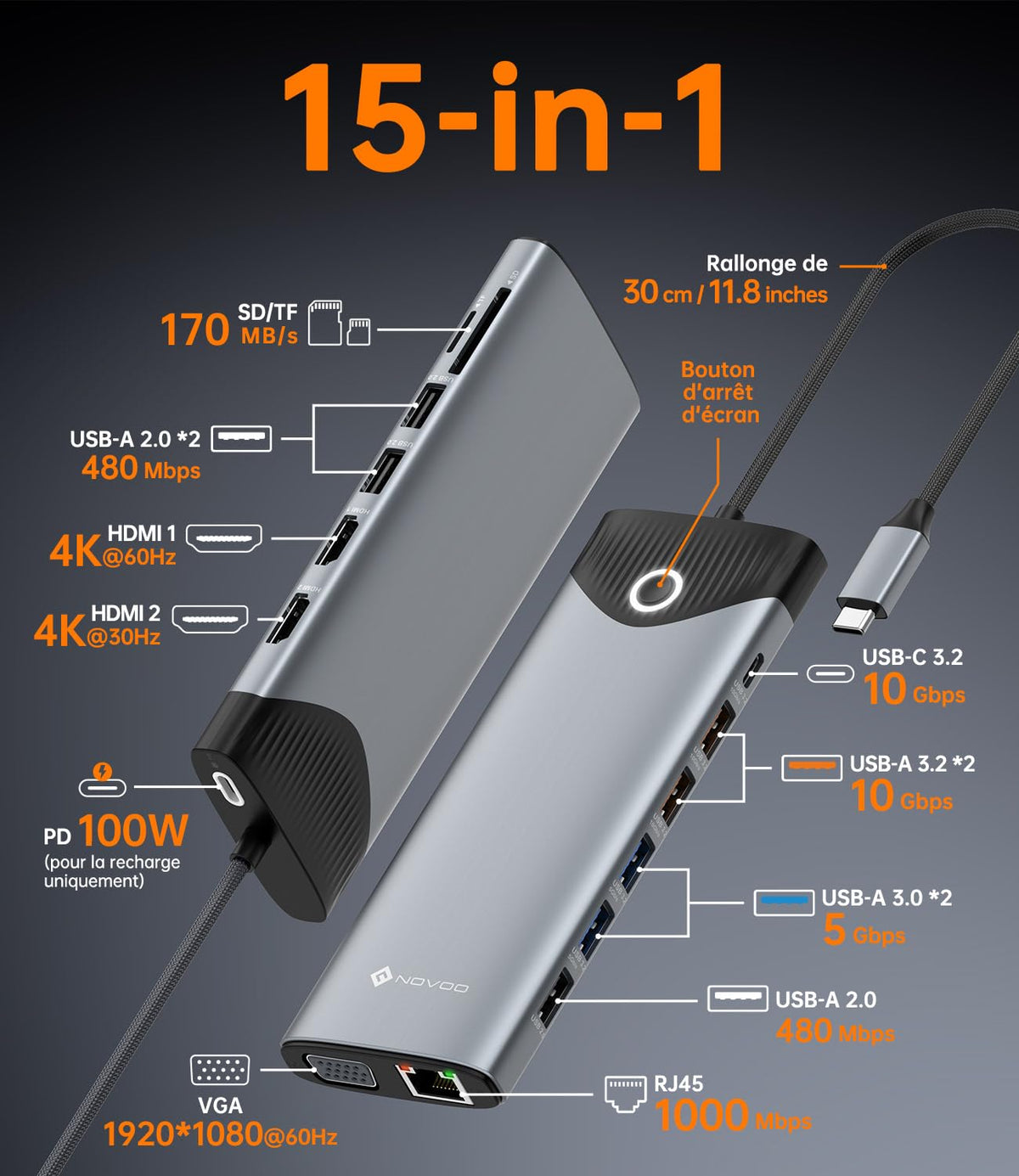 NOVOO TM15H 15-in-1 USB-C Docking Station HDMI 4K Silver Triple Display NEW