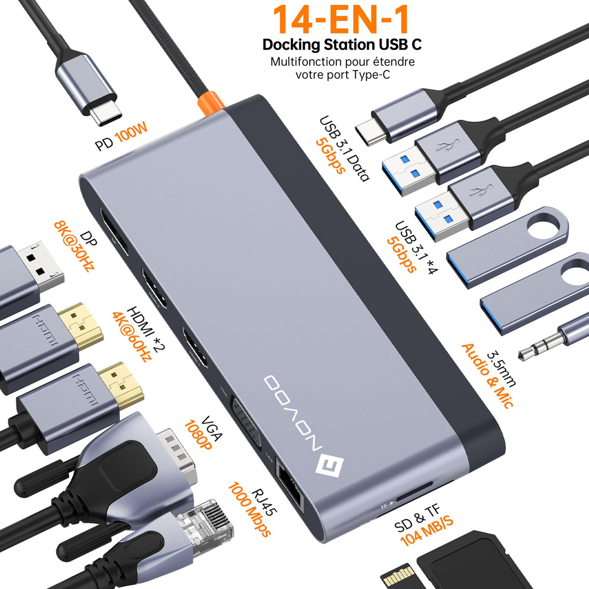 NOVOO 14-in-1 USB-C Docking Station Dual Monitor 4K HDMI Grey RM14F NEW