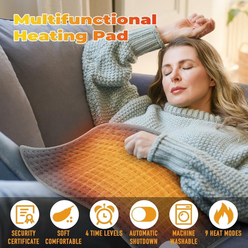 Electric Heating Pad 9 Heat Settings Grey 76x40 Therapeutic NEW