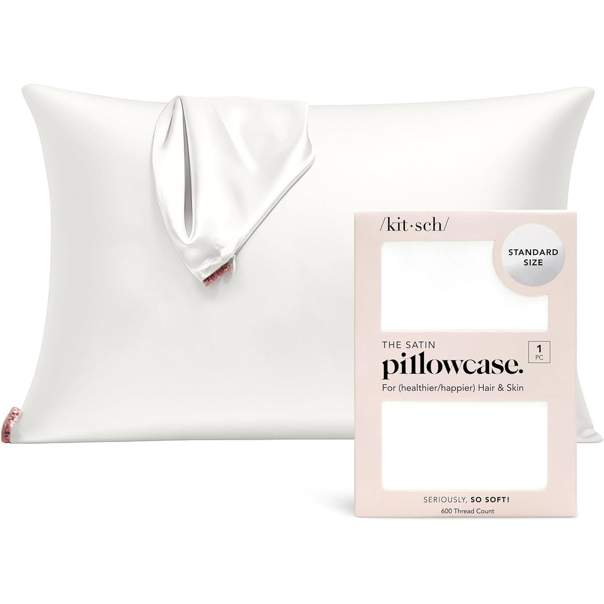 Kitsch Satin Pillowcases Pillowcase with Zipper - Ivory Standard/Queen 1 NEW